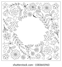 Vector frame of flowers. Coloring page.
