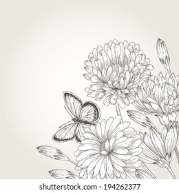 Vector frame with flowers daisies, asters, chrysanthemums and a butterfly. Monochrome illustration.