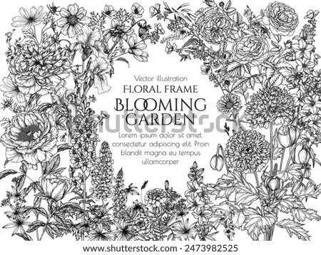 Vector frame of flowers. Delphinium, decorative poppy, peony, rose, iris, lupine, campanula, cosmos, calendula, marigold, dahlia, California poppy