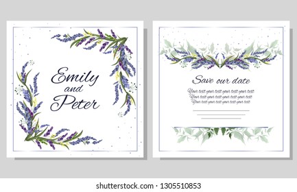 Vector frame with flowers of lavender. Template for wedding invitation. All elements are isolated.