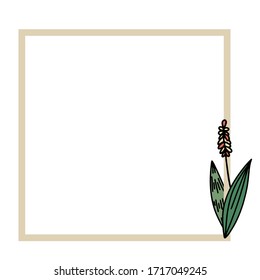 Vector frame with flowers and leaves, decorative frame, floral designs, decorative elements. Floral greeting card vector template. Border for text. Illustrations vector isolated on white background.