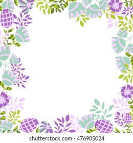 Vector frame with flowers and leaves in green,  blue and pink colors. St Valentines day card. Floral doodles. 