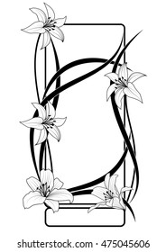 vector frame with flowers of lily  in black and white colors