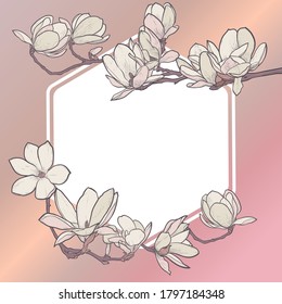Vector frame with flowers. Magnolias on a pink background.