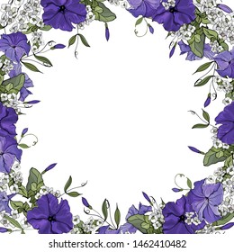 Vector frame with flowers purple petunia. Background for your design, greeting cards, save the dates. 