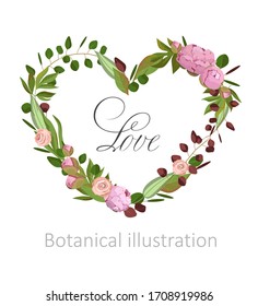 Vektorillustration von Blumen in Herzform.
Einzige botanische Illustration für eine Postkarte. Herz von rosafarbenen Pfingstrosen und Blättern. Geschenkgutschein für Mädchen und Schönheitssalons.