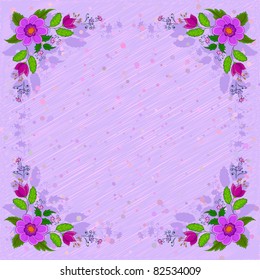 Vector, frame of flowers and silhouette and confetti on a violet background