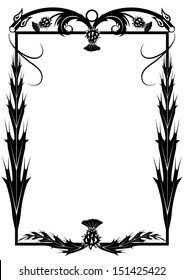vector  frame with flowers of thistle and dragons in black and white colors