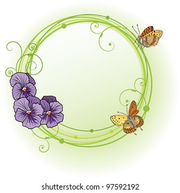vector frame with flowers of  violet pansies and butterflies (EPS 10 )