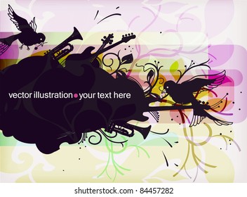 vector frame with flying birds and musical instruments : guitars,trumpets and violins