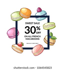 Vector frame with flying hand drawn macaroons around it with place for text in center illustration. Macaroon dessert banner for pastry menu