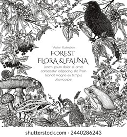 Vector frame of forest flora and fauna. Raven, frogs, snail, dragonfly, mushrooms, berries, flowers, plants in engraving style