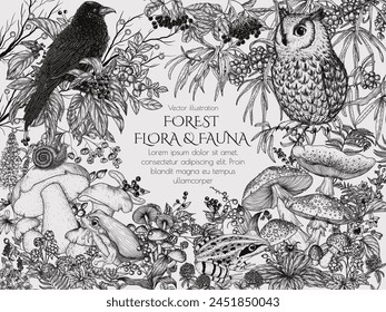 Vector frame of forest flora and fauna. Mushrooms, birds, snail, flowers, berries in engraving style