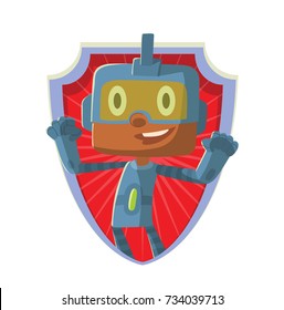 Vector frame in the form of a blue-red shield with cartoon image of a funny little boy in a blue robot superhero costume standing and smiling on a white background. Children, halloween, holiday.