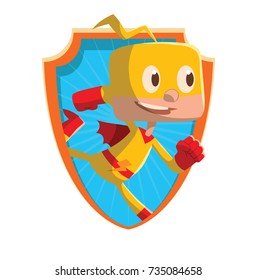 Vector frame in the form of an orange-blue shield with cartoon image of a funny little boy in a yellow superhero costume with a red cloak running and smiling on a white background. Halloween, holiday.