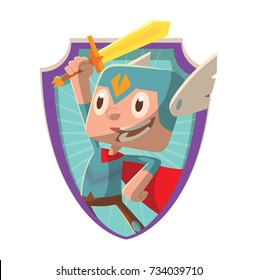 Vector frame in the form of a purple-blue shield with cartoon image of a funny little boy in a blue superhero costume with red cloak standing with a sword in hand and smiling on a white background.