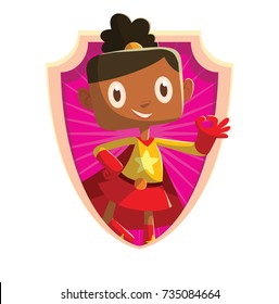 Vector frame in the form of a white-pink shield with cartoon image of a funny little girl in a yellow-red superhero costume with a red cloak standing and smiling on a white background. Halloween.