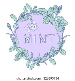 Vector frame with fresh mint. Vintage Card with engraving leaves. Floral wreath. Frame for Logo and Label Designs. Mint Background. Word mint is composed of boards