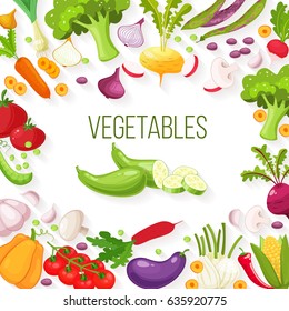 Vector frame of fresh vegetables for your design. Raw vegetables with sliced pepper,eggplant,garlic,mushroom,courgette,tomato onion,cucumber,pumpkin cartoon style illustration