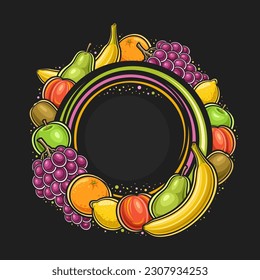 Vector frame for Fruits with empty copy space for ad text, sign board with illustration of whole sweet banana, ripe kiwi fruit, green juicy apple, group of various colorful fruits on dark background