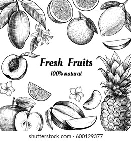 Vector frame with fruits and flowers . Hand drawn. Vintage style