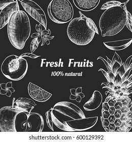 Vector frame with fruits and flowers . Hand drawn. Vintage style