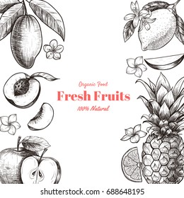 Vector frame with fruits and flowers . Hand drawn. Vintage style