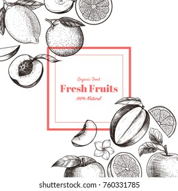 Vector frame with fruits and flowers . Hand drawn. Vintage style