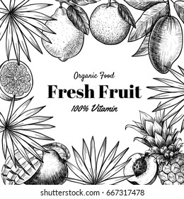 Vector frame with fruits  . Hand drawn. Vintage style