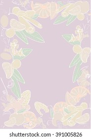 Vector frame of fruits and spices on the tinted paper. Pale pastel colors. Nice for designer paper for notes, notebooks, like a background for invitations etc.