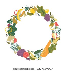 Vector frame with fruits and vegetables. Healthy food illustration. Isolated element design