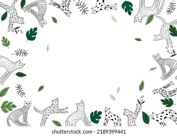 Vector frame of funny cats and flying leaves.