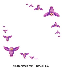Vector frame with funny purple owls. Smart creative original violet purple lilac pink owls making a frame for photos, vector.