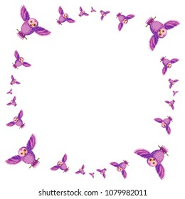 Vector frame with funny purple owls. Smart creative original violet purple lilac pink owls making a frame for photos, vector.