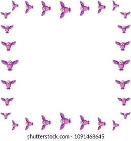 Vector frame with funny purple owls. Smart creative original violet purple lilac pink owls making a frame for photos, vector.