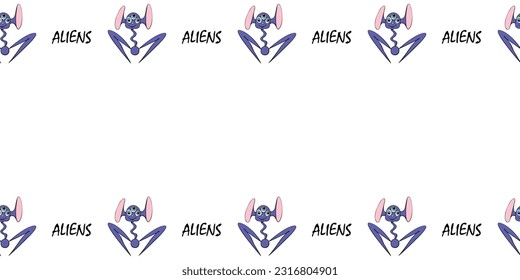 Vector frame from funny three-eyed Aliens, inscriptions in doodle flat style. Horizontal top and bottom edging, border, decoration on theme of space, UFO, fantastic, kids design