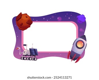 A vector frame with a futuristic spaceship, a robot explorer and a fantastic planet. In this set, a cartoon view of space transport and technology is depicted.