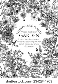 Vector frame garden in engraving style. Rose, lily, lupine, tulip, peony, buttercups, butterflies, dahlia, cosmos, zinnia, marigold, calendula, rudbeckia, gladiolus