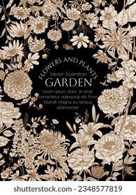 Vector frame garden in engraving style. Rose, lily, lupine, peony, dahlia, cosmos, zinnia, marigold, calendula, rudbeckia, gladiolus, eryngium, allium, chrysanthemum, lobelia