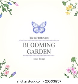 Vector frame with garden flowers and butterfly in pastel colors on a white background.