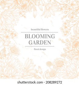 Vector frame with garden flowers in a circle. Beige flowers on a white background.
