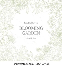 Vector frame with garden flowers in a circle. Green flowers on a white background.