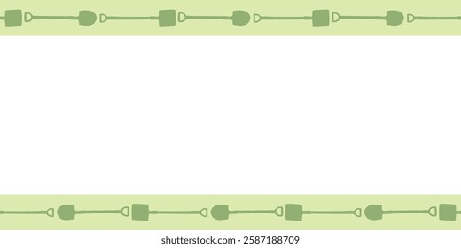 Vector frame from garden shovel, spade, scoop. Work tools. Horizontal upper and lower edging, border, divider on topics of gardening, farming, agriculture