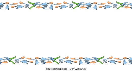 Vector frame of garden tools: hoes, fork, pruner, pruning shears. Working equipment. Horizontal upper and lower edging, border, divider on topics of gardening, farming, agriculture