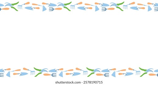 Vector frame of garden tools: hoes, fork, pruner, pruning shears. Working equipment. Horizontal upper and lower edging, border, divider on topics of gardening, farming, agriculture