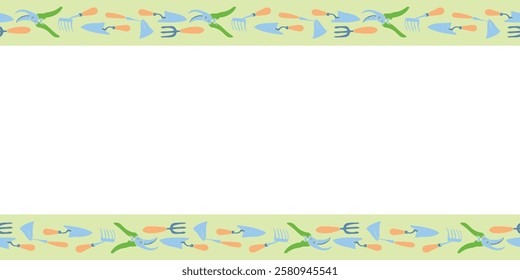 Vector frame of garden tools: hoes, fork, pruner, pruning shears. Working equipment. Horizontal upper and lower edging, border, divider on topics of gardening, farming, agriculture