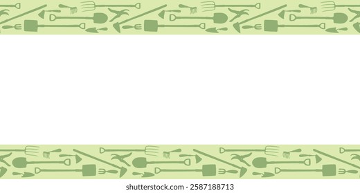 Vector frame of garden tools, working equipment. Horizontal upper and lower green edging, border, divider on gardening, farming, agriculture