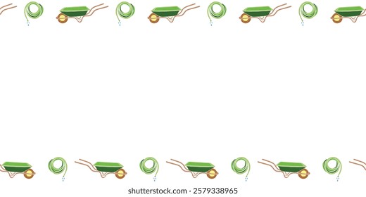 Vector frame from garden wheelbarrow, rolled hose for irrigation. Garden tool, work equipment. Horizontal upper and lower edging, border, divider on topic of gardening, farming, agriculture