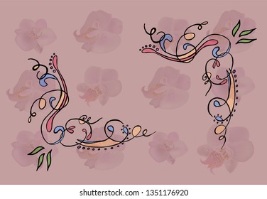 Vector frame with gentle orchids and ornament figures. 