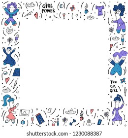 Vector frame of girl power with empty space for text. Composition in doodle style with different female characters. 
